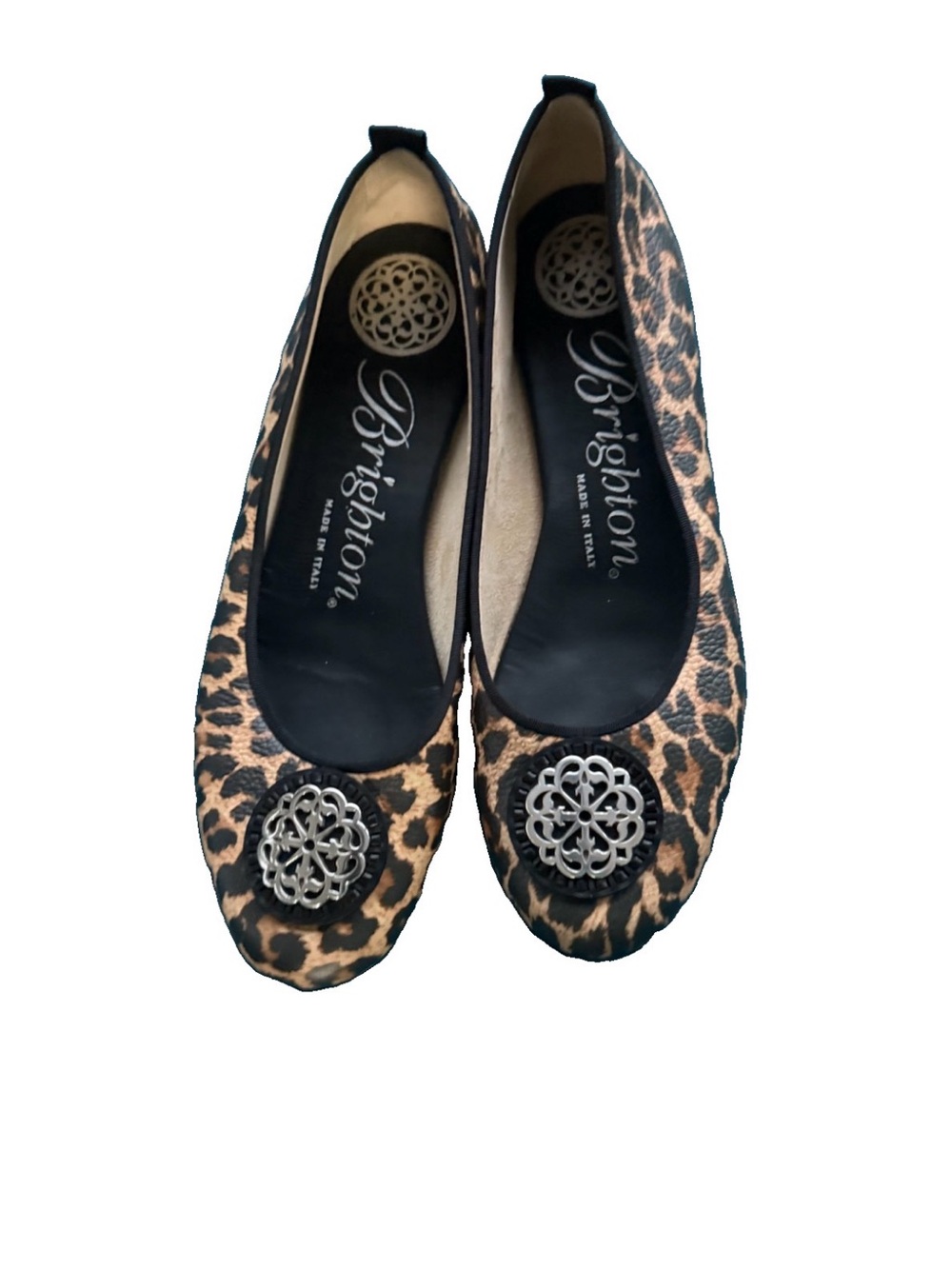 Brighton Leopard-Print Ballet Flats with Silver Medallion size 10 M